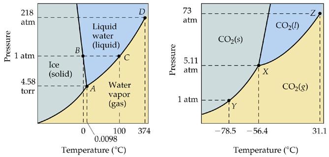 Water Carbon Dioxide Phase diagrams of H 2 O and CO 2. The axes are not drawn to scale in either case. In (a), for water, note the triple point T at 0.0098 C and 0.