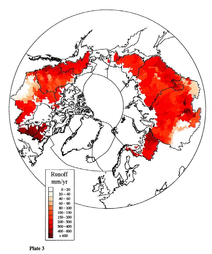 Sources of runoff (mm/yr) reaching the Arctic Ocean Mean annual runoff for the Arctic drainage over the period 1960-1989.