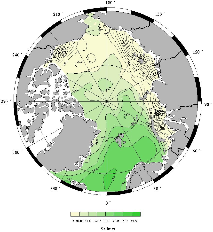 Mean surface salinity (psu) for summer [from Arctic Climatology Project,1998, NSIDC,