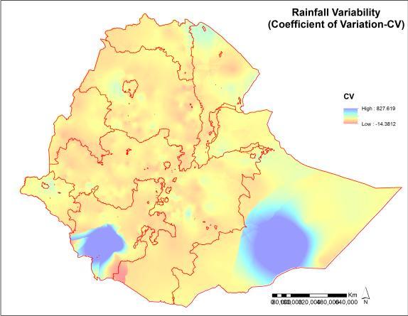 6. Finally organize your map as shown below and give your answer for a. Where high rainfall variability is observed? b. What is the implication of high rainfall variability on agriculture?