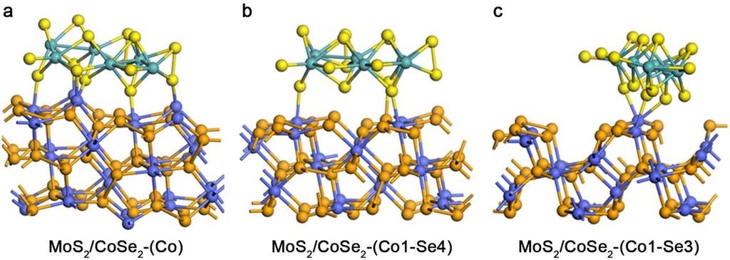 Supplementary Figure 15. Optimized structures of MoS 2 /CoSe 2 hybrid catalyst with different terminations of the CoSe 2 (210) surface.