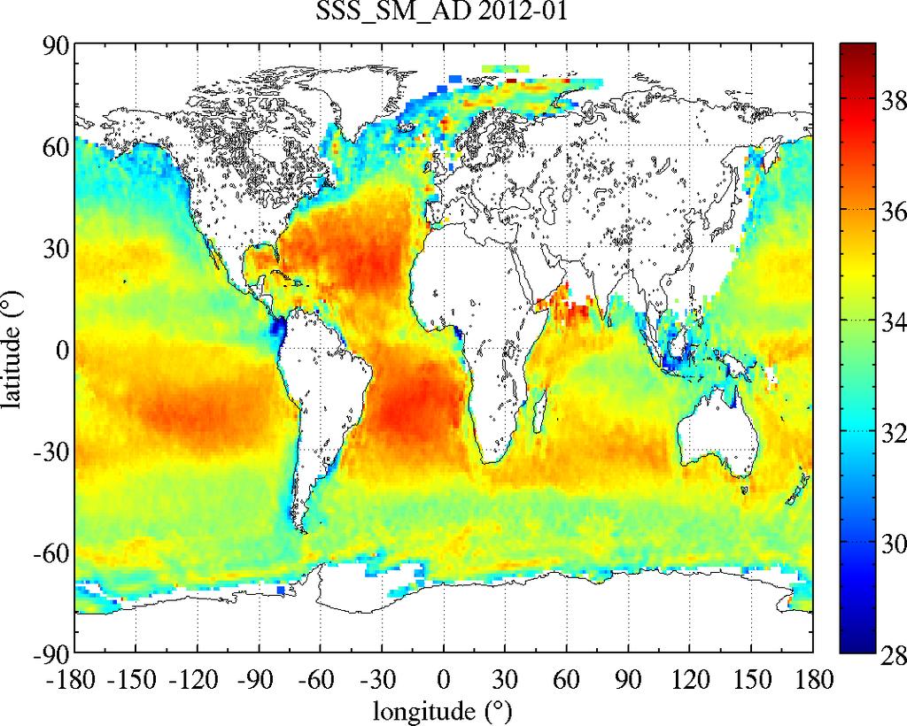 Comparison of SSS from SMOS and Aquarius Global map of SSS from Aquarius and SMOS (Jan 2012) Aquarius SMOS fresh SSS =land contamination Very
