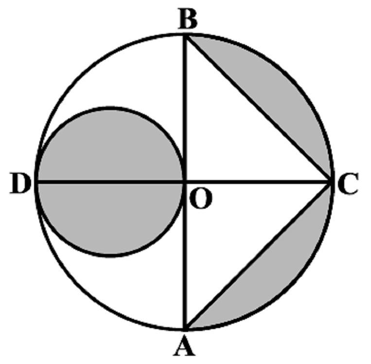 18. In the below figure, AB and CD are two diameters of a circle with centre O, which are perpendicular to each other. OB is the diameter of the smaller circle.