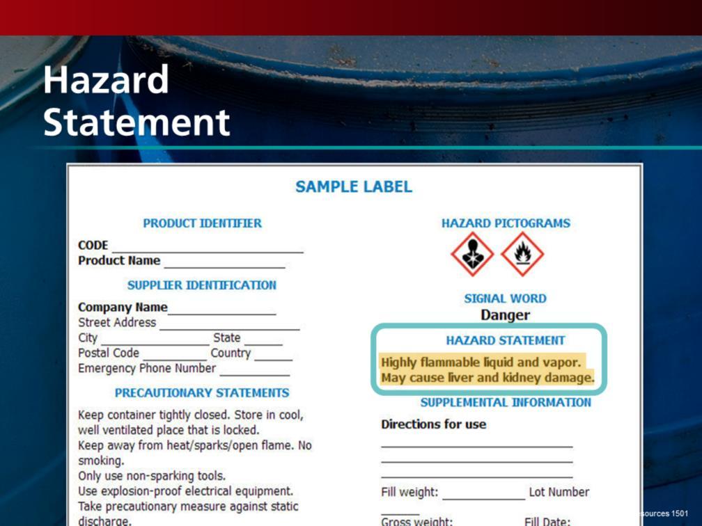 Hazard statements describe the nature of the hazard and, where appropriate, the degree of the hazard.