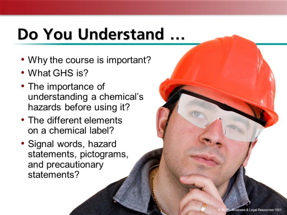 Now it s time to ask yourself if you understand the information about chemical labels that has been presented so far. Do you understand what we ve said about: Why the course is important? What GHS is?
