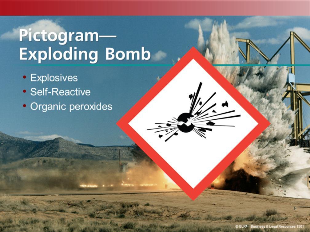 The exploding bomb pictogram appears on the chemical labels of substances that are: Explosives which is a solid or liquid chemical capable of a chemical reaction that