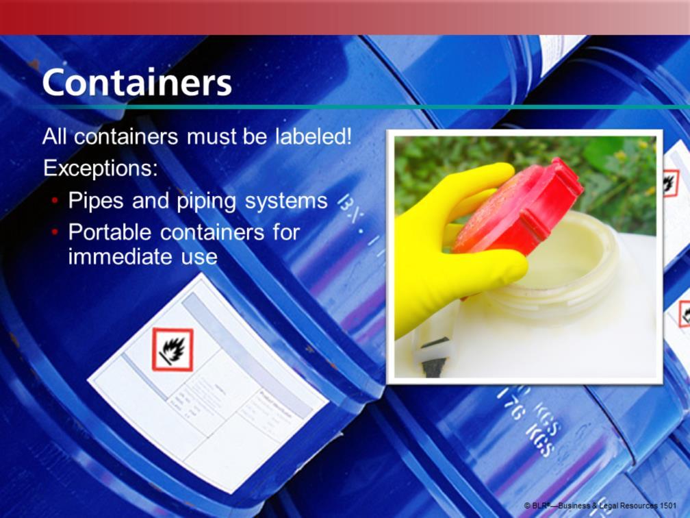 All containers of hazardous chemicals supplied to the workplace must be labeled.
