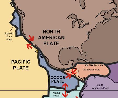 Questions 28-32 refer to Figure 2 28) The Cocos Plate is made of crust Figure 2 29) The San Andreas Fault is a plate boundary. 30) What is the sense of motion of the San Andreas Fault?