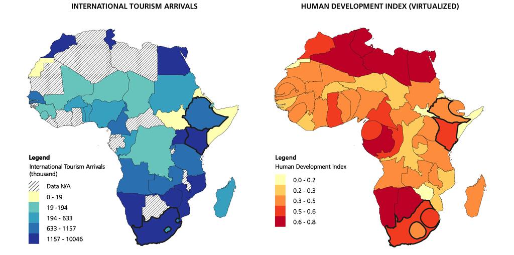Correlation between ITAs & HDI Countries with less arrivals (yellow & green) tend to have lower HDI (yellow & light red, shrinkage in area) Countries with more arrivals (dark blue) tend to have