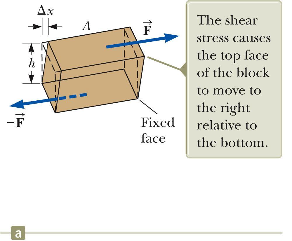 Shear Modulus Another type of deformation occurs when a force acts parallel to one of its faces while the opposite face is held fixed by another