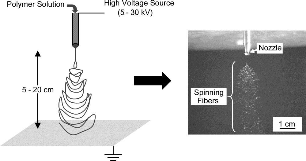 Figure 2. A schematic of the process for electrospinning polymeric solutions (a); photograph of electrospinning fibers from a polymer solution (b). A 10,10 SWNT has a 1.38 nm diameter.