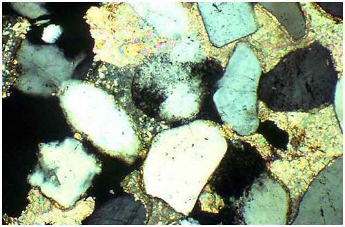D. Andesite 43. Which of the following sedimentary environments is most likely to produce the angular clasts of sand seen in the image below? A. Lake B. Delta C. Deep ocean D. Mountain stream 44.