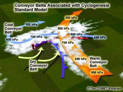 Combined Norwegian and Conveyor Belt models Warm Conveyor Belt (WCB) Originates well south of storm near surface in warm air mass and flows north Rises over warm front and surface cold air before