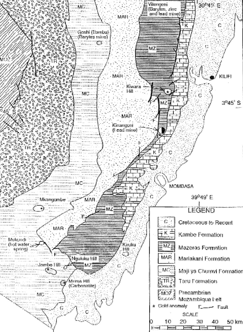 Map showing the general geology along the Kenyan coast, including major mineral
