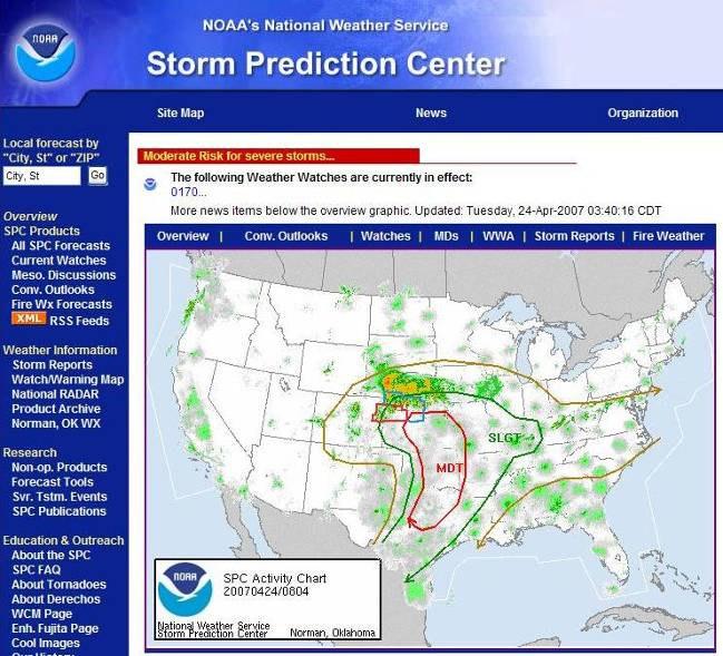 Storm Prediction Center Forecasts areas of severe thunderstorms out to 8 days in advance Severe thunderstorm watch (blue) Tornado watch (red) Forecast specific areas of severe weather by provid