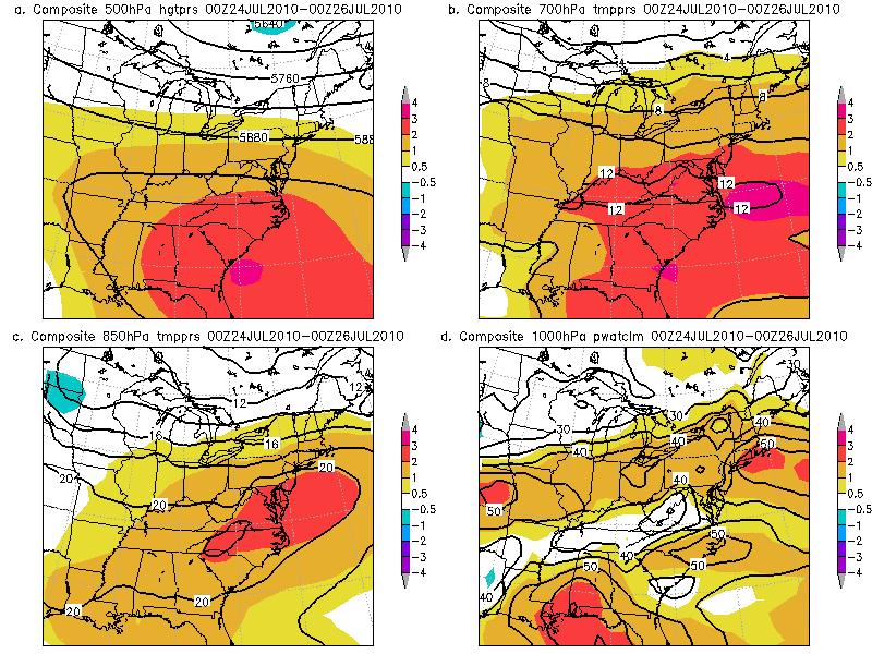 Figure 2. As in Figure 1 except over the eastern United States and for the period of 0000 UTC 24 to 0000 UTC 26 July 2010. The 700 hpa temperatures are used in lieu of mean sea level pressures.