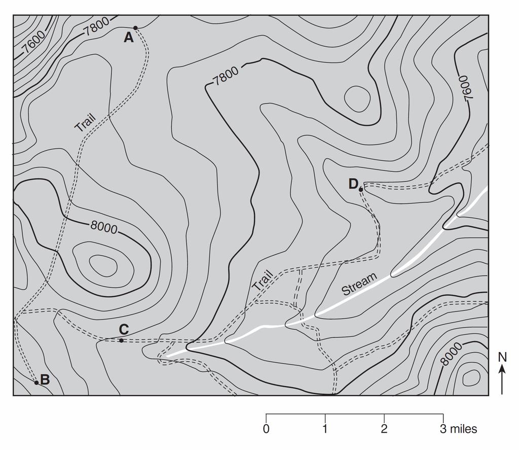 Base your answers to questions 41 through 44 on the topographic map below. Letters A through D represent locations on the map. Elevations are measured in feet. Dashed lines represent trails. 41. How long will it take a person to hike along the trail from point C to point D at a rate of 3 miles per hour?