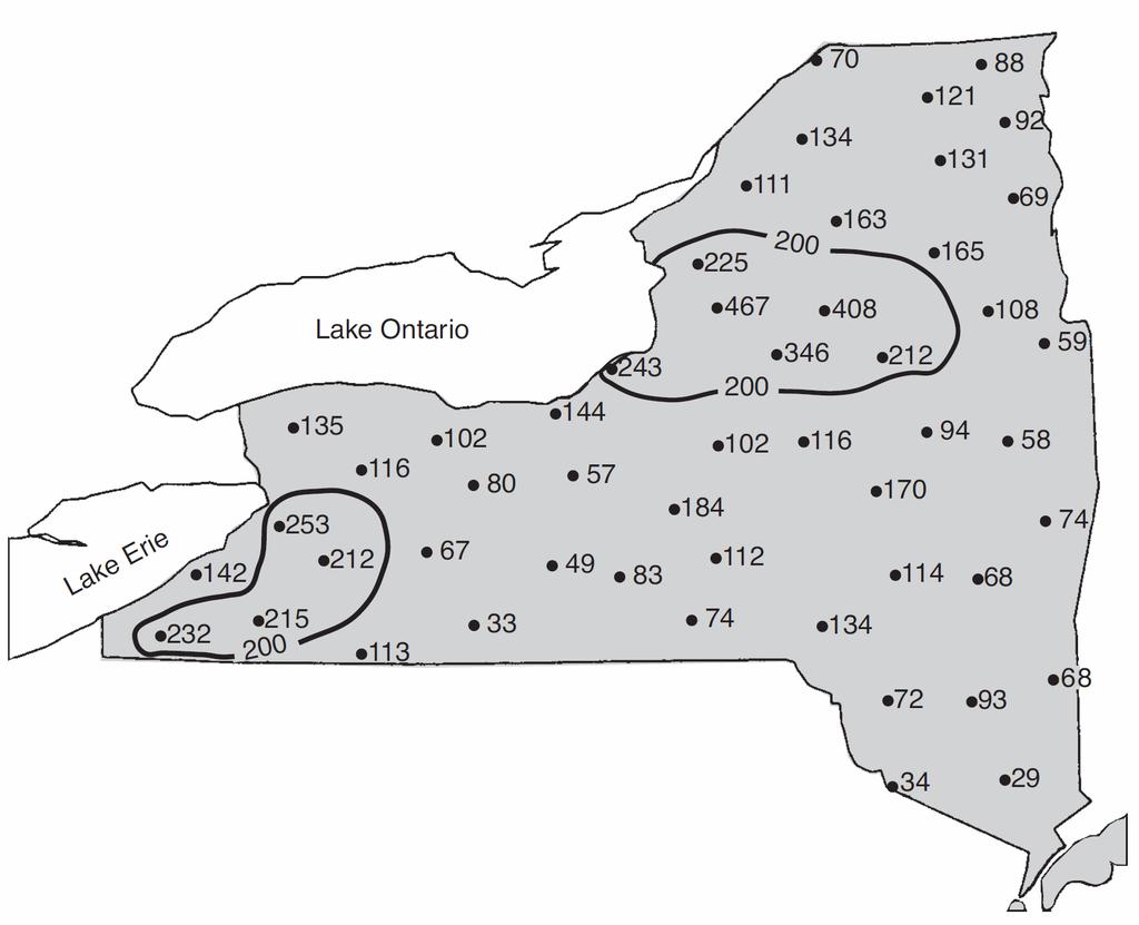 Base your answers to questions 80 and 81 on the map below, which shows the snowfall from the fall of 1976 through the spring of 1977, measured in inches, for most of New York State.