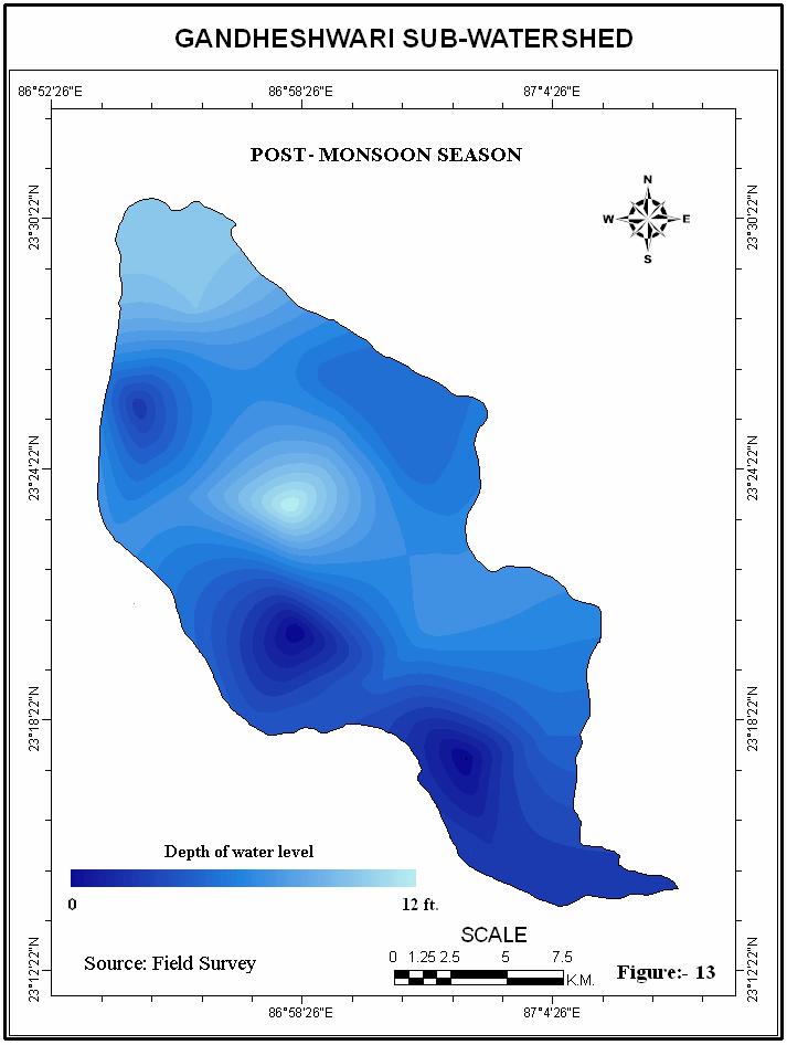 4. Conclusion Figure 13: Map showing the Groundwater condition at Post-monsoon season Remote sensing and GIS techniques have been used to integrate various geoinformative thematic maps, which play