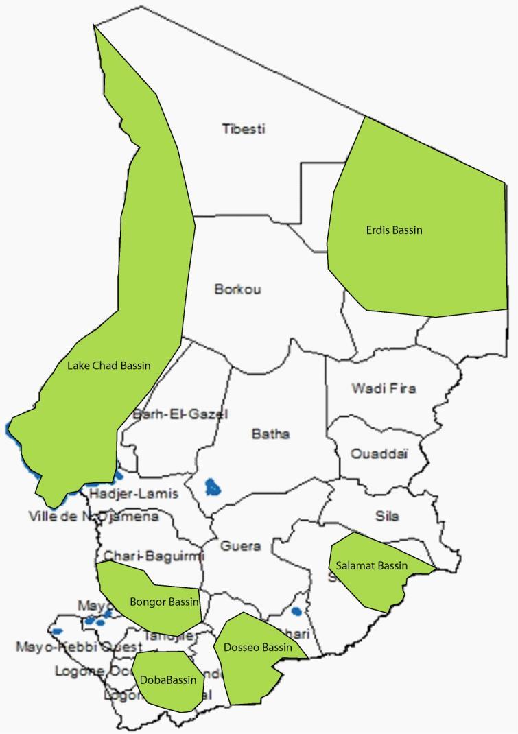 west; There are six main basins in the Republic of Chad: the central Bongor Basin; the Doba, Doseo and Salamat Basins in the south, the Lake Chad Basin