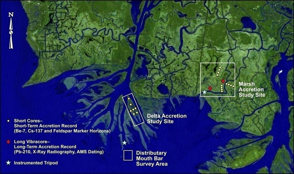 Delta Development & Coastal Marsh Accretion during Cold Front Passages & Floods: Relevance to River Diversions This project provides quantitative linkages between forcing physical processes, sediment