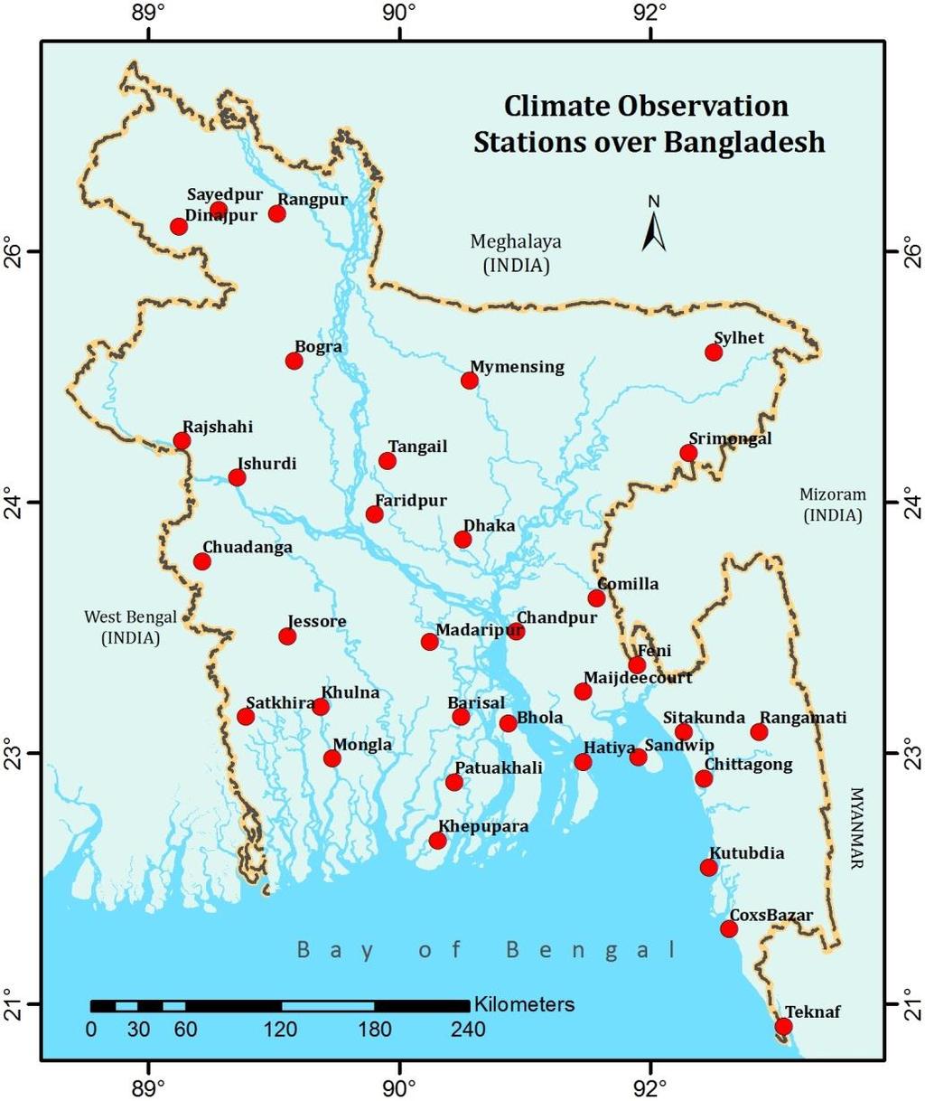 Collection of observed meteorological data from Bangladesh Meteorological Department Data of 28 stations out of 34 stations of BMD used in the study which passes homogeneity and consistency test.