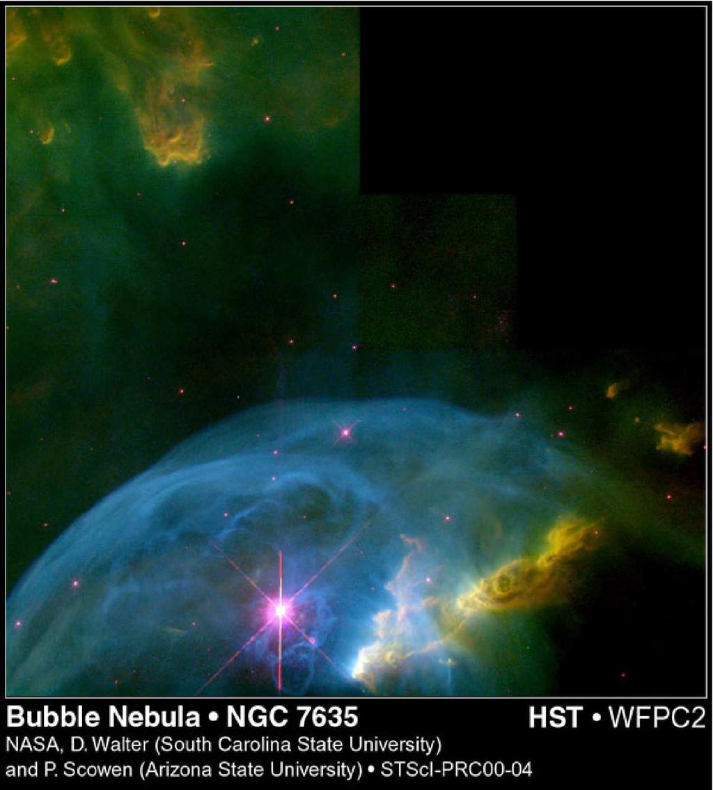 6 CHAPTER 1 Figure 1.3: The Bubble Nebula,NGC 7635, shows the wind bubble (blue) sweeps up the surrounding ionized gas (green). Like in Fig. 1.2 the colors show degree of ionization, with blue the highest and red the lowest ionization states.