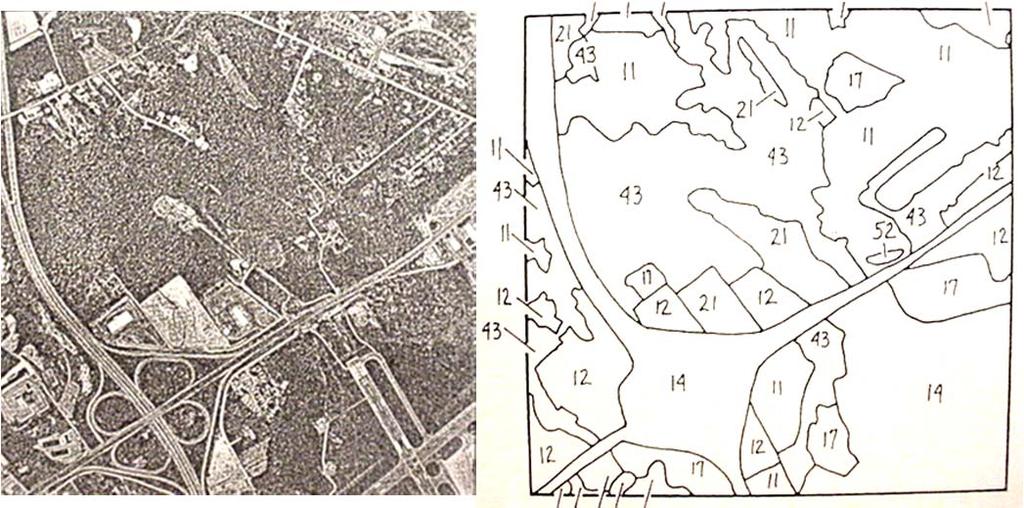 The Photo-Overlay Left: aerial photograph Right: land cover boundaries as interpreted from the photographs; numbers corresponded to Anderson Level II classification system.