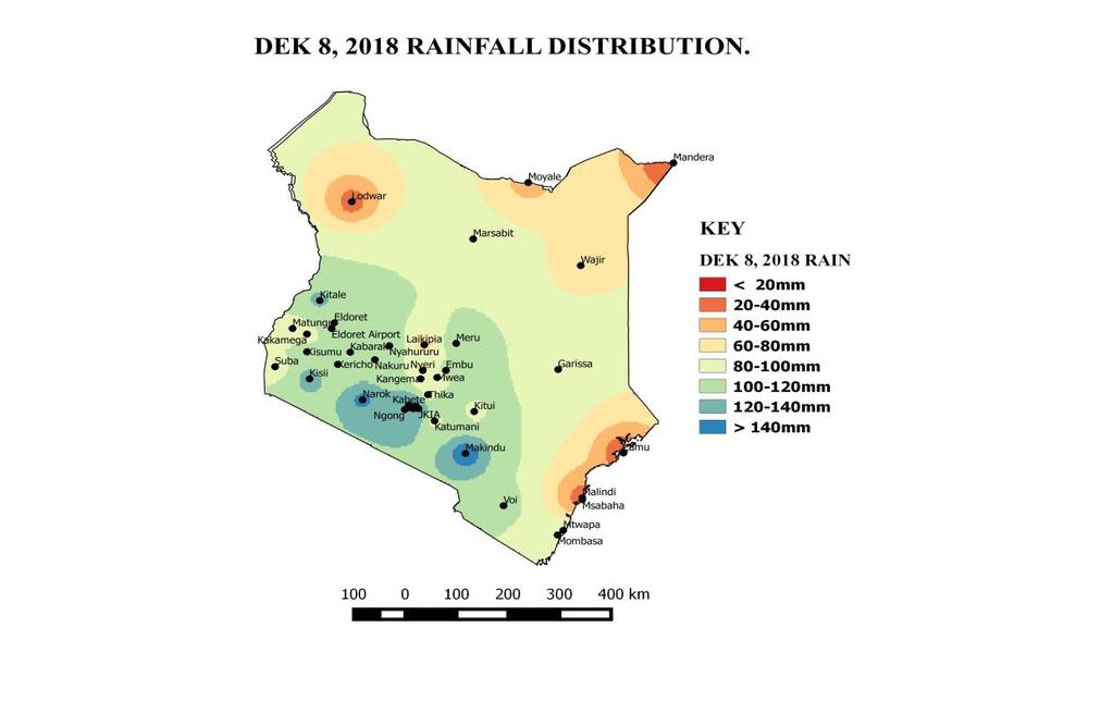 1: Dekadal rainfall totals for dekad 8,