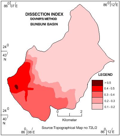 Table: 4 Showing Dissection index of the Bunbuni River Basin. Dissection Area (in km²) Area in index Percentage 0.1-0.2 35.45 60.34 0.2-0.3 7.45 12.68 0.3 0.4 11.95 20.34 0.4 0.5 3.15 5.36 Above 0.