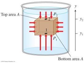 a = F m a = 0 m/s 2 (fluid is at rest) F SonB + F WonB F EonB = 0 F WonB = F EonB F SonB To calculate the magnitude of the upward buoyant force exerted by the fluid on the block, we start from Pascal