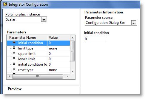 double-clicking the integrator VI block, you can access settings: and the output is the state.