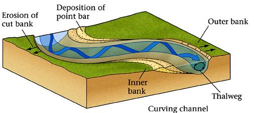More friction in wider, shallower streams In a curved channel, the fastest and