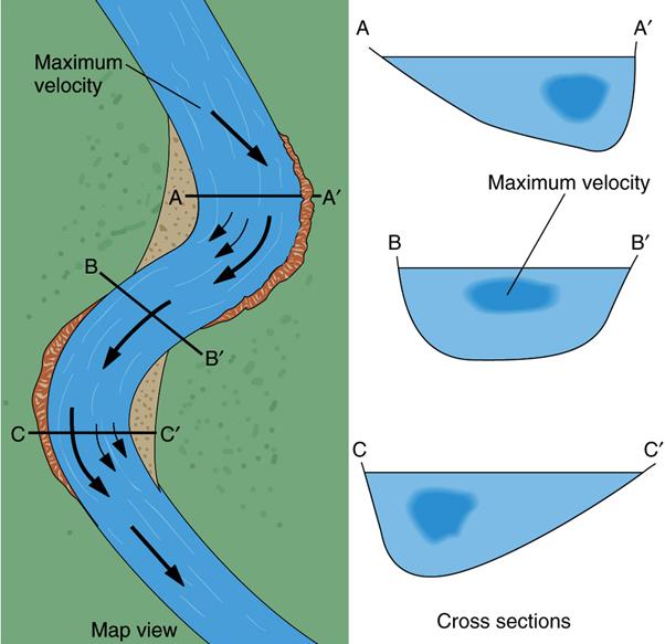 The water follows a spiral path - surface water flows faster toward the outer bank,