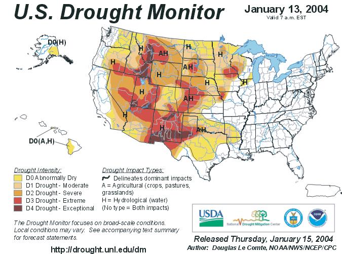 4. U.S. Drought Monitor (updated 1/15/3) Source: USDA, NDMC, NOAA 3. The U.S. Drought Monitor is released weekly (every Thursday) and represents data collected through the previous Tuesday.