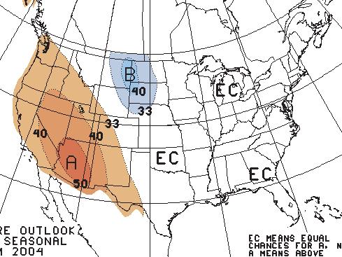 Long-lead national temperature forecast for May - July. Percent Likelihood of Above and Below Average Temperatures* > 6% 5% - 59.9% 4% - 49.
