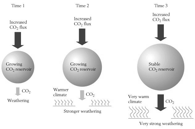 Negative feedback - Hot-house increases weathering (limestones) consumption of CO2 -