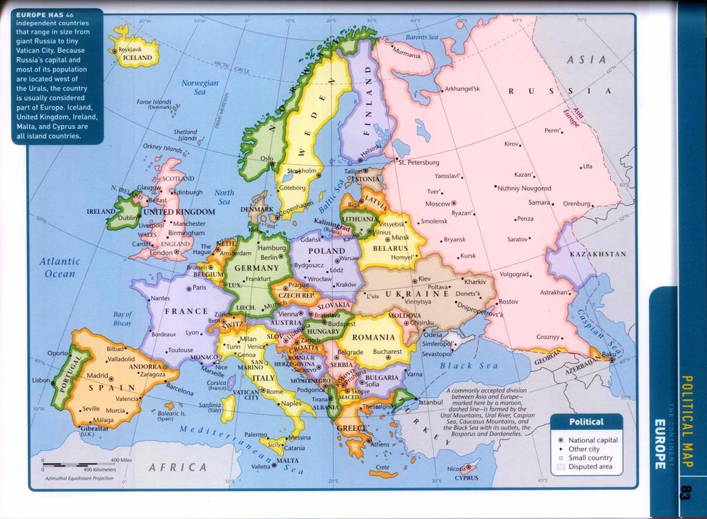 Europe 49 countries 44 on Europe only 5 transcontinental