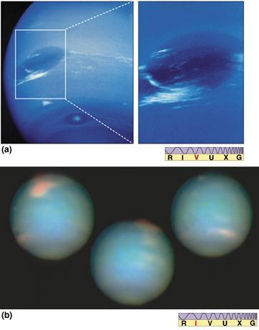 Weather on Uranus and Neptune Uranus Few clouds in the cold upper atmosphere featureless Upper layer of haze blocks out the lower, warmer clouds Neptune Upper atmosphere is slightly warmer than