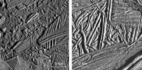 Tidal stresses crack Europa s surface ice.