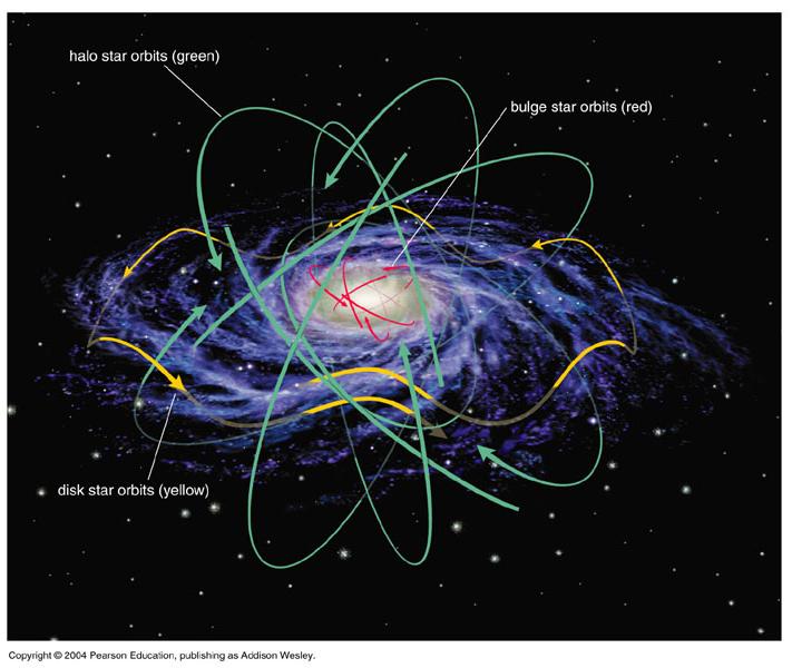 Stellar Orbits in the Milky way Stars in the disk all orbit the Galactic center: in the same direction in the same plane (like planets do) they bobble up and down this is due to gravitational pull