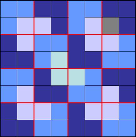 Three of the 4 by 4 boards do not have a square removed. Place a tile which covers the middle corner square of each of the 4 by 4 boards which have not yet had a square removed.