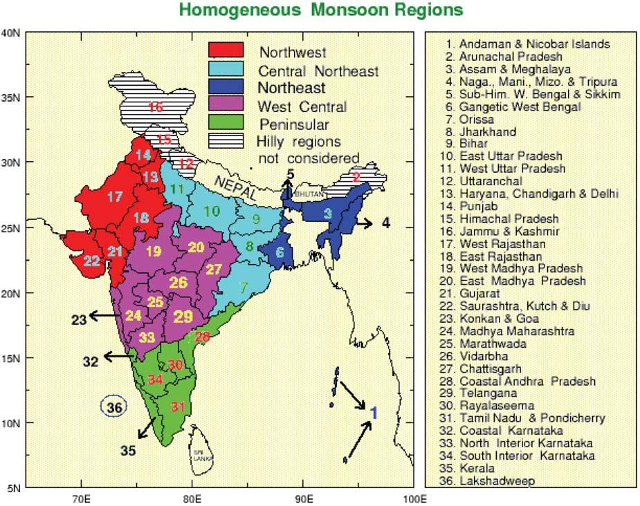 Figure 1. Homogenous monsoon regions of India, as defined by the Indian Institute of Tropical Meteorology. quence are recorded. This is repeated until there are no more events to be paired up.
