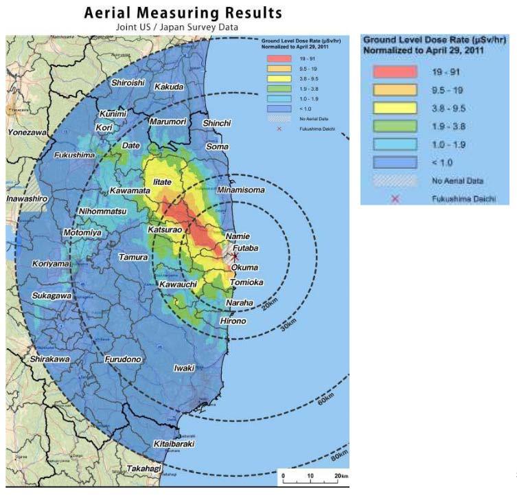 U.S.-Japan joint survey reveals high radiation beyond evacuation zone (map released by the US Department of Energy, May 6, 2011) Map measurements were taken between April 6 and April 29 Ground