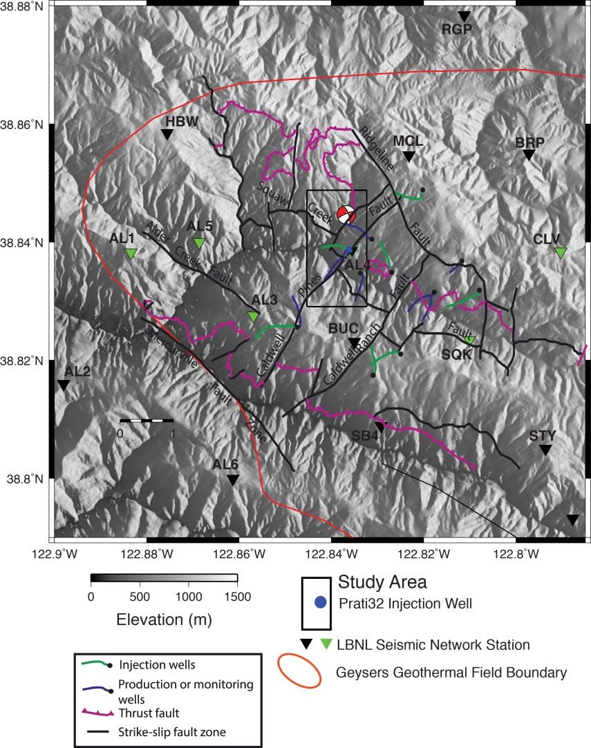 Figure 1: Map showing study area (1x2 km rectangle), Prati-32 well, LBNL seismic stations, and faults.