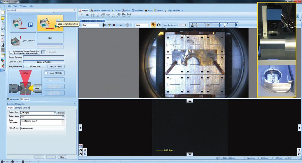 When the sample is pumped down an image of the sample platter is automatically acquired and stored in the upper part of the optical view window to use for coarse navigation from sample to sample (see