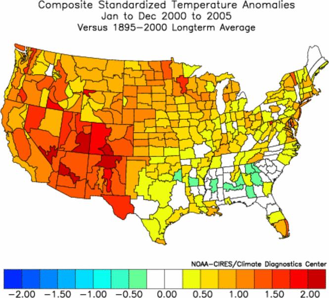 Annual Mean Temperatures, 2000-2005. Departures from 1895-2000 Mean. Non-standardized.