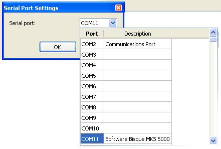On Windows, select the COM port number assigned to the Paramount MX/MX+ s USB port (see page 169 for details about installing the MKS 5000 driver) and click OK.