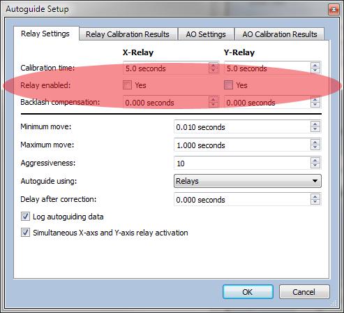 Figure 76: The Relay tab on the Camera Add On s Autoguide Setup window. 7. On the Autoguide tab, click the Clear Log button to delete the autoguider log file.