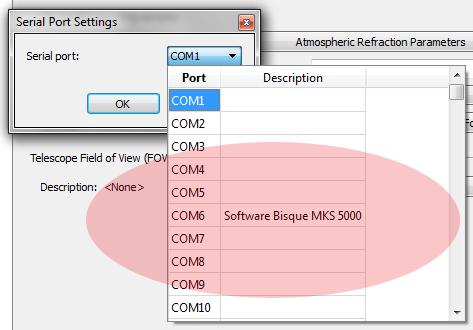 Figure 90: Selecting the COM port from TheSkyX Professional Edition for Windows. The Windows Device Manager can also be used to determine the COM port number that is assigned to the MKS 5000.